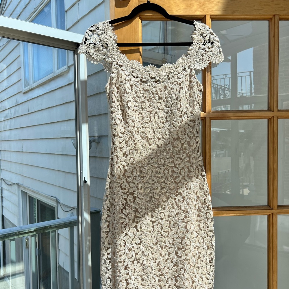 Lace cocktail dress champagne with gold threading